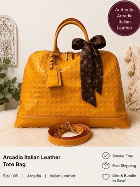 Arcadia Mustard Yellow Italian Leather Tote with Brown Scarf Accent